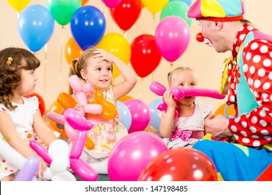 Kids Group And Clown On Birthday Party