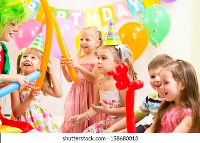 Kids Group And Clown On Birthday Party