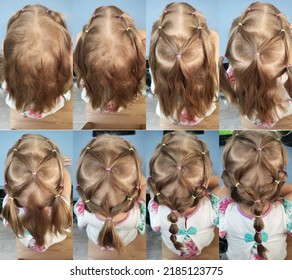 Kids Hairstyle Tutorial Step By Step. Low Bubble Ponytail With Elastics. Colored Hair Ties On Little Girl Blonde Hair. Trendy Bubble Braid Hairdo Process