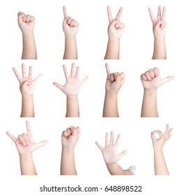 Kids Hands Counting From Zero To Five And Hand Sign Isolated On White Background