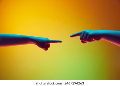 Kids hands gesturing against gradient green yellow background in neon light. Children hands reaching each other. Connection. Copy space for ad, text. Banner. - Powered by Shutterstock