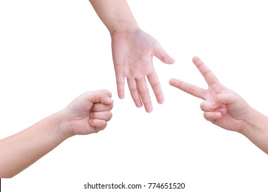 Kids Hands Playing Rock Paper Scissors Isolated On White 