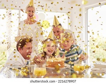 Kids Happy Birthday Party, Confetti Surprise And Family Home With Cake, Celebration And Happiness In Australia House Together. Excited Children, Smile Parents And Grandparent Celebrate Special Event