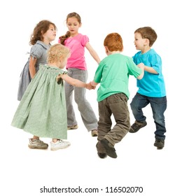 Kids Holding Hands And Playing Circle Game. On White.