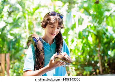 Kids Holding Python Snake In Tropical Zoo. Children Watching Exotic Reptile. Teenage Boy With Snakes On School Trip To Safari Park. Brave Kid Learning To Overcome Fear And Phobia. Rainforest Animals.