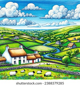 Kids illustration artistic image of irish country side