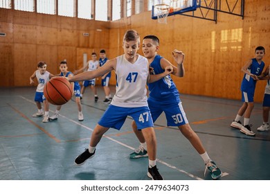 Kids with jersey numbers 47 and 50 in a dynamic basketball sport practice, showcasing agility, teamwork, and competition - Powered by Shutterstock