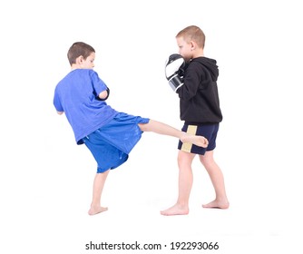 Kids Kickboxing Fight. Isolated On A White Background. Studio Shot