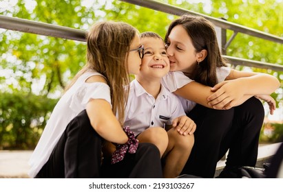 Kids Love, First Kiss. Back To School. Schoolchild Friends Back To School At Knowledge Day.