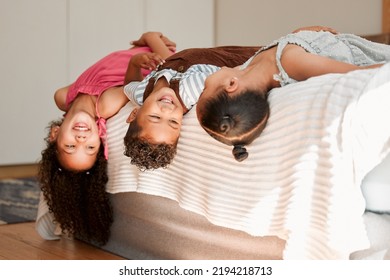 Kids Lying On Bed Playful, Fun And Silly Generation With Cute Hairstyle And Smiling Portrait. Relaxing, Playing Indoors Showing Growth, Child Development And Childhood Innocence From Little Siblings