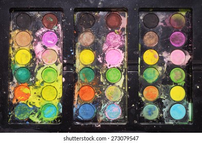 Kids Messy Watercolor Paints Palette Shot From Above