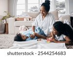 Kids, mother or baby in house playing for child development, support or care in family home. Siblings, fun games or toddler with smile, parent or mom for bonding, wellness or love with joy or health