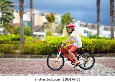 Kids On Bike In Park. Children Going To School Wearing Safe Bicycle Helmets. Little Boy Biking On Sunny Summer Day. Active Healthy Outdoor Sport For Young Child. Fun Activity For Kid.