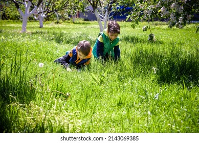 Kids On Easter Egg Hunt In Blooming Spring Garden. Children Searching For Colorful Eggs In Flower Meadow. Toddler Boy And His Brother Friend Kid Boy Play Outdoors.