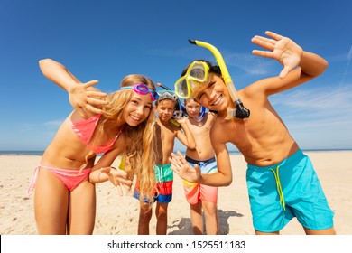 Kids On Vacation With Snorkeling Mask Wave Hands