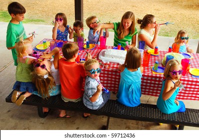 Kids at an outdoor birthday party and picnic
