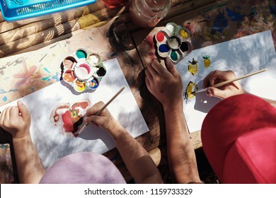 Kids Painting Art Outdoor Activity, Montessori Homeschooling Education, Remotely Distance Learning At Home, Social Distancing Concept