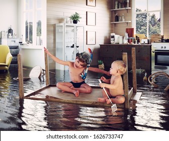 Kinder pagen auf dem Tisch, während sie in der Küche überschwemmen. Fotokombination von Fotos und Medien