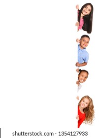 Kids peeking out from empty board isolated on white background, free space