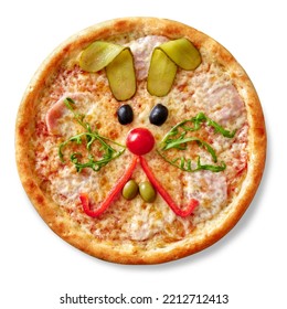 Kids pizza with ham, mozzarella and funny rabbit muzzle of cherry tomato, bell pepper, olives, arugula and pickled cucumber - Powered by Shutterstock