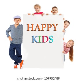Kids With Placard Isolated On White. Group Children With Banner