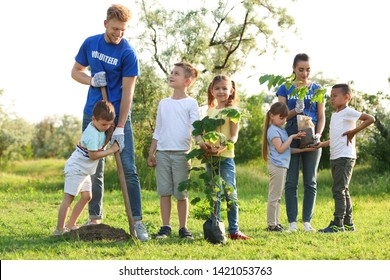 Kids Planting Trees With Volunteers In Park