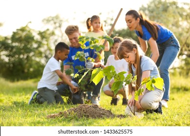 Kids Planting Trees With Volunteers In Park