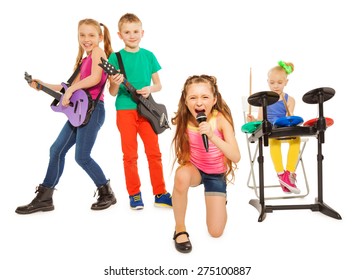 Kids play musical instruments and girl sings