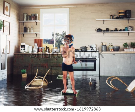 kids play on the table while flooding in the kitchen. Photo and media photocombination