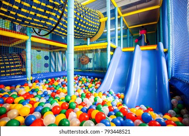 Kids Playground Indoor, Inside Big Colorful Plastic Structure For Active Game, Play And Recreation. Dry Pool, Ball Pit And Slide. Children's Playground, Gym In Kindergarten. Soft Ground, Jungle Indoor