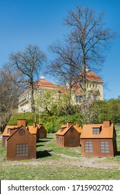 A Kids Playground With Many Small Scale Houses In The Kungsparken. Houses In Smaller Size Or Miniature Houses In The Public King Park Or Garden Make An Artistic Small Kids Playing Field. Malmo, Sweden