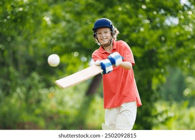 Kids playing cricket in summer park. Boy with bat and ball on cricket pitch. Helmet and guard for safe game. Sport for active child. Cricket club for school children. Sports activity and exercise. - Powered by Shutterstock