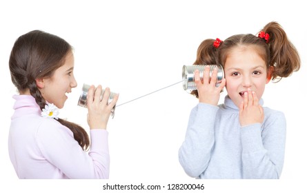 Kids Playing With Tin Can And String Phone As Communication Concept