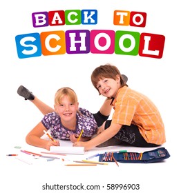 Kids Posing For Back To School Theme Over White Background