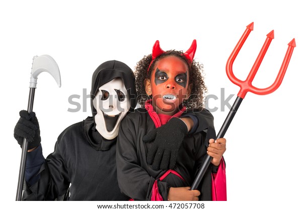 Kids Posing Halloween Costumes Isolated White Stock Photo Edit