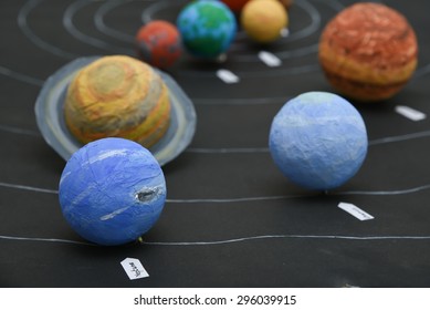 Kids Presenting Their Science Home Project At School - Chart Showing The Planets Of Our Solar System Prepared For Education Purpose For Students.