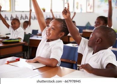 Kids raising hands during elementary school lesson, close up