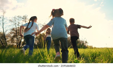 Kids Run In The Park. A Large Group Of A Team Of Children Running Back View Sunlight In The Summer On The Grass In The Park Camera Movement. People In The Park Happy Family Kid Lifestyle Dream