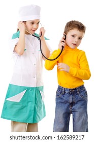 Kids with stethoscope playing in a doctor, isolated on white