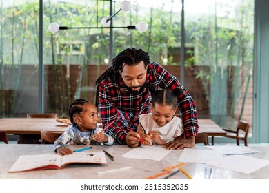 Kids studying from home during pandemic. African American family at home, black father and kids studying, African American kids doing homework. Family learning together at home. - Powered by Shutterstock