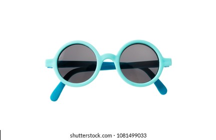 Kids Sunglasses. Light Blue Frame Sunglasses Isolated On White Background, Top View