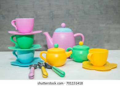 Kids Tea Coffee Serving Set, Colorful Cups, Saucers, Spoons, Teapot, Sugar Bowl, Creamer