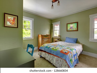 Kids Teenager  Bedroom With Desk And Green Walls.