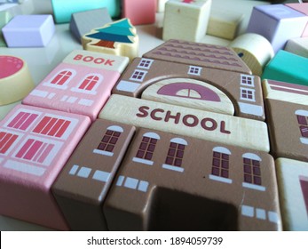 Kids Toy City Building Block Made Of Wood. The School Series With Pink And Brown Color