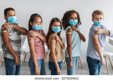 Kids Vaccination Against Covid-19. Diverse Group Of Vaccinated Children Showing Arms With Medical Plaster Bandage After Antiviral Vaccine Injection Standing Over Gray Wall Background - Powered by Shutterstock