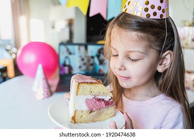 Kids Virtual Birthday,home Party.Girl Eating Piece Of Cake