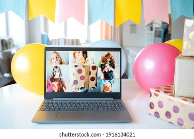 Kids virtual birthday,home party.Online conference,video call in laptop,computer.Friends girls on screen,greetings.Decoration,gifts,balloons,flags,caps.Children celebrate remote holiday on isolation - Powered by Shutterstock