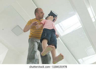 Kids With VR Headset Standing On Glass