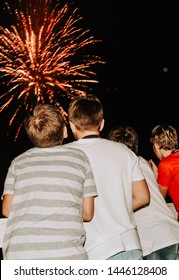 Kids Watching Fireworks Colorful Four Boys Backs