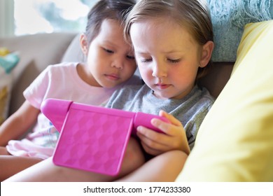 Kids Watching Tv On Tablet At Home. Online Education.